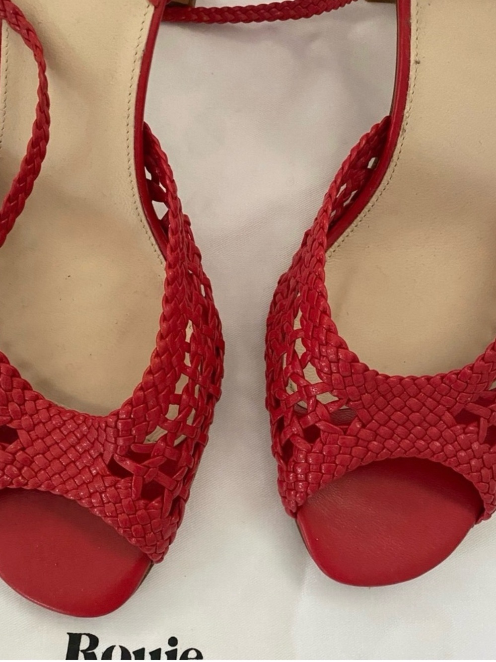 Rouje Liz Sandals Cherry Red Braided Leather Heels 39 / 7.5 - Picture 2 of 12